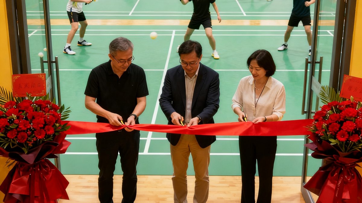 bwin佛山顺德新馆开业仪式现场照片，场馆入口处摆放着庆祝花篮，创始人与嘉宾共同剪彩，崭新的羽毛球场地上第一批体验者正在挥拍热身。