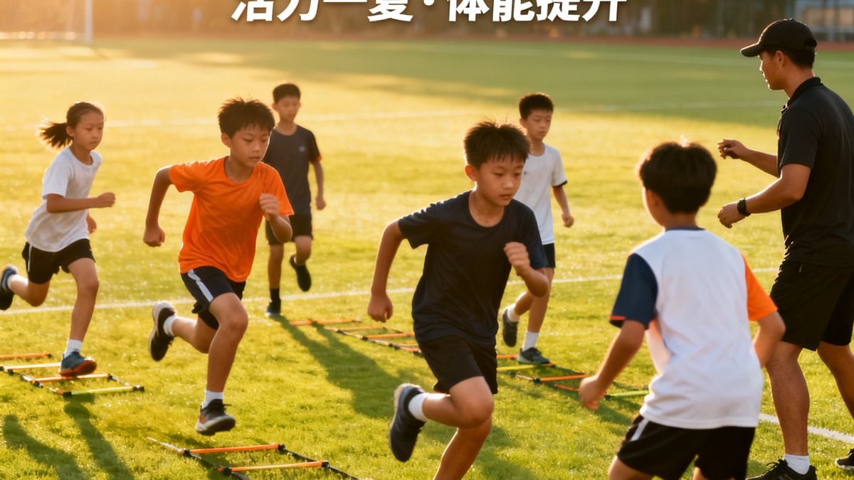 bwin暑期集训营宣传图，一群青少年学员在教练带领下在室外进行体能训练，阳光下的草坪上摆放着训练器材，孩子们充满活力地进行着折返跑训练。